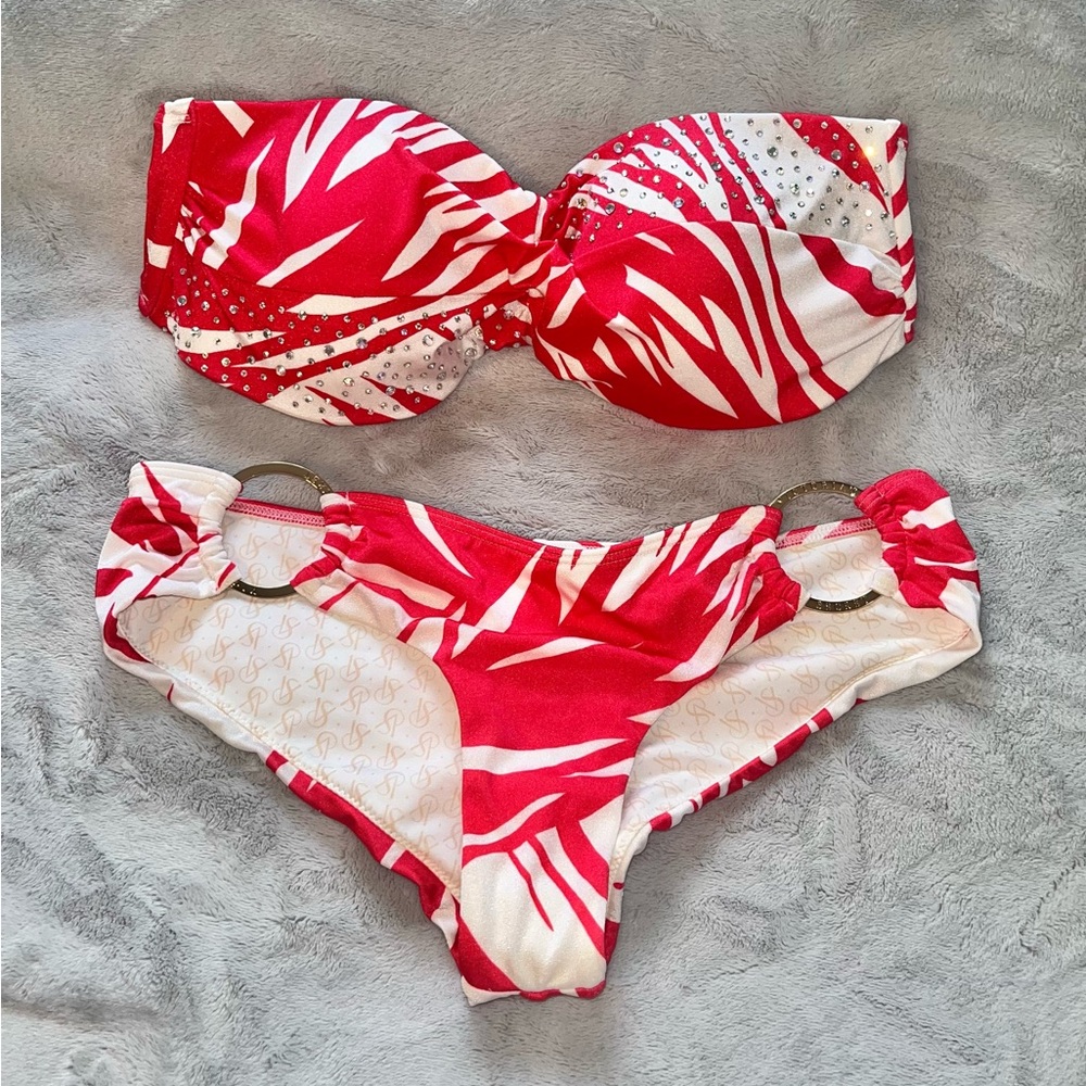 Victoria's Secret Red and White Zebra Bandeau Bikini Set